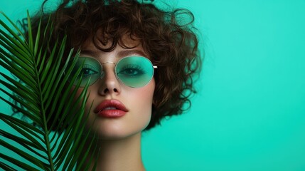 A stylish woman with curly hair, round glasses, and full lips stands against a vibrant green backdrop with a leafy plant partially covering her face, creating a bold, artistic composition.
