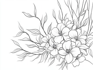Hand-drawn black and white illustration of delicate flowers and leaves on a white background.