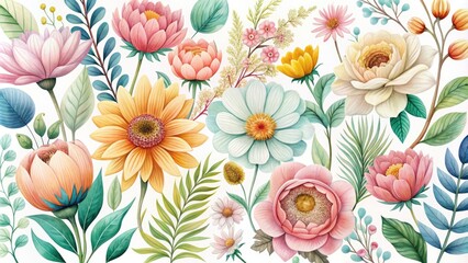 Vibrant, whimsical floral illustrations of coastal blooms in soft pastel hues, set against a white background, perfect for beach-inspired designs and summer-themed projects.