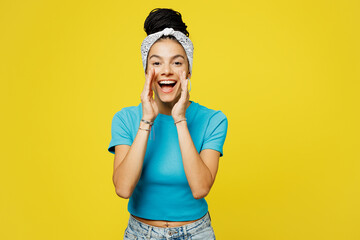 Young curious nosy Latin woman she wearing blue top t-shirt headband casual clothes try to hear you...