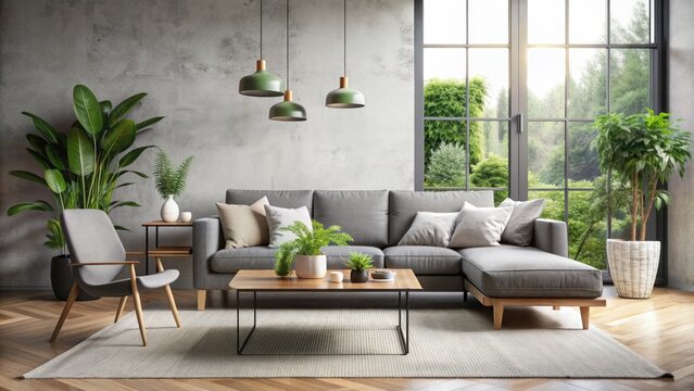 Minimalist Scandinavian living room with sleek gray sofa, industrial coffee table, and lush green plants, exuding calmness and serenity in a modern urban space.