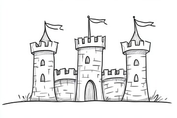 Obraz premium Hand-drawn cartoon illustration of a medieval castle with three towers, a drawbridge, and flags.