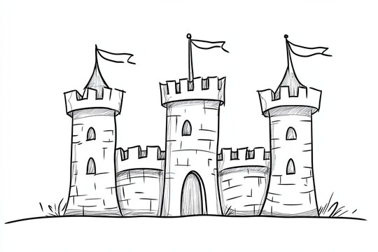 Hand-drawn cartoon illustration of a medieval castle with three towers, a drawbridge, and flags.
