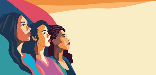 Women of different cultures and nationalities stand side by side. International Women's Day. Movements for gender equality and women's empowerment. Vector illustration for advertising, website, banner