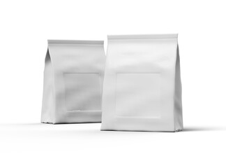 Render of a glossy sealed doypack package with window hole on transparent background