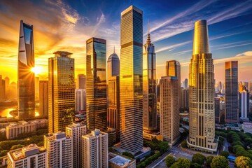 Obraz premium Golden morning light illuminates sleek skyscrapers, showcasing urban growth, architectural prowess, and vibrant city life, as a new day unfolds in the metropolis.
