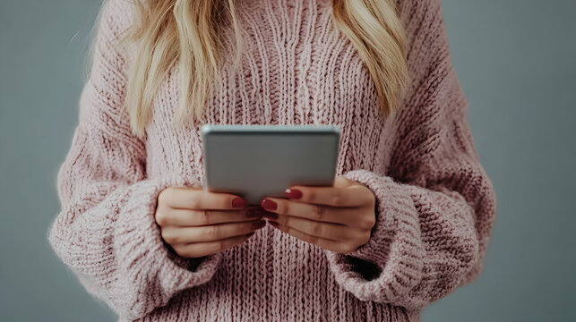 Woman in a pink sweater using a smartphone
