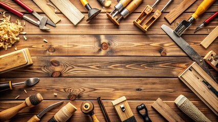 Carpentry background with various tools and wood pieces