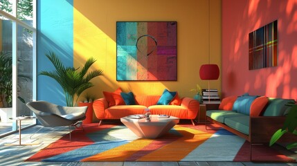 Modern Living Room with Colorful Accents and Artwork