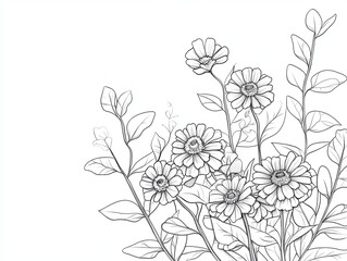 A delicate hand-drawn illustration of a cluster of daisies with leaves, set against a white background.