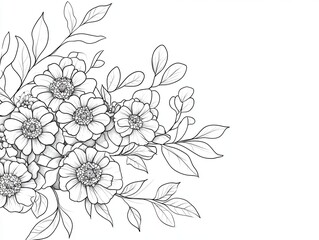 A black and white line drawing of a bouquet of flowers with leaves and branches in the corner of a white background.