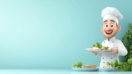 Cheerful cartoon chef presenting a delicious dish on a plate against a light background, embodying culinary passion and creativity.