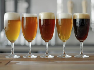 Craft beer selection on a wooden bar top, showcasing various types of beers in different glasses, highlighting the diversity of craft brewing.