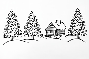 Obraz premium Hand-drawn illustration of a small cabin in the snow, surrounded by three tall pine trees.
