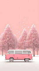 Fototapeta premium minivan on the snow, forest in the background, soft colors vintage poster