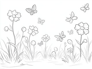 Hand-drawn illustration of a field of flowers with butterflies flying above them.
