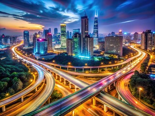 Vibrant cityscape at night with a kaleidoscope of lights on a busy highway, showcasing a megapolis's energetic pulse through a stunning long-exposure photography panorama.