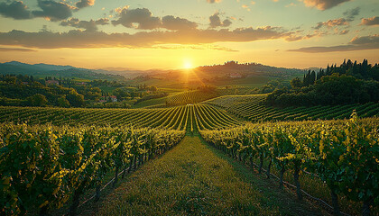 Naklejka premium Sunset over vineyard, farm in chianti region, Italy generated by AI