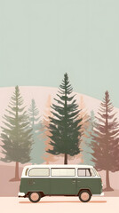 Obraz premium minivan on the snow, forest in the background, soft colors vintage poster