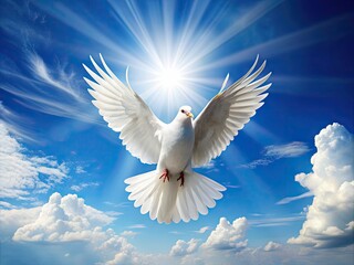 Fototapeta premium Serenely soaring, a pure white dove spreads its wings, symbolizing hope and peace, against a calm blue sky with a hint of warm sunlight.