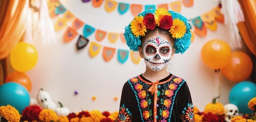 a girl in a halloween costume with a skull and flowers on her head.