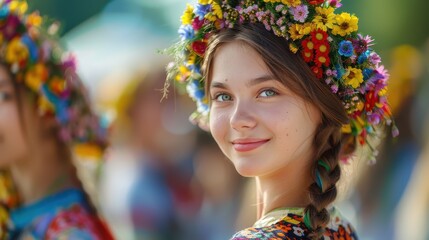 Fototapeta premium Portrait of a Young Woman Wearing a Floral Wreath