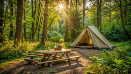 Serenene outdoor scene featuring a secluded camping site with a tent and wooden table surrounded by lush greenery, evoking a sense of peaceful adventure.