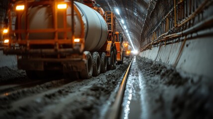 Obraz premium Large construction vehicles are at work inside a dimly lit tunnel, showcasing heavy machinery, ongoing development, and the industrial environment.