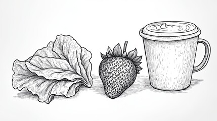 Hand-drawn sketch of a strawberry, lettuce, and a cup of yogurt.