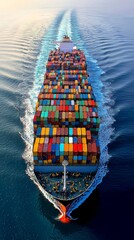 A large container ship is peacefully floating on top of a vast body of water