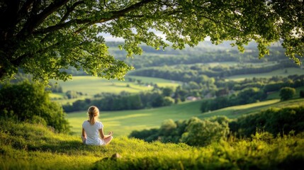 A young woman sits cross-legged on green grass, meditating peacefully under a tree as morning sunlight filters through the leaves, creating a serene atmosphere