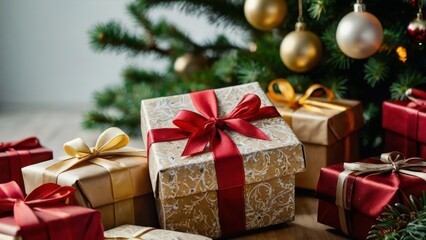 Obraz premium close up of a collection of gift boxes under the christmas tree