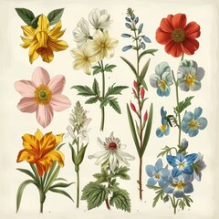 Obraz premium Botanical Illustration of Nine Different Flowers