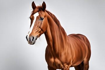 Obraz premium A majestic chestnut horse with a white blaze on its face standing on a white background, Ai Generated