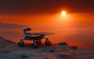 The horizon is colored in orange and red hues, and the rover stands on the edge of a crater exploring the rocky landscape

