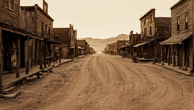A deserted street of a wild west village. Dawn