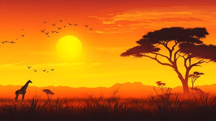 Breathtaking African Savanna Sunset Landscape with Silhouetted Giraffe and Migrating Birds