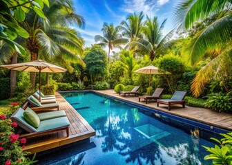 Fototapeta premium Serene oasis featuring a sparkling blue swimming pool surrounded by lush tropical greenery and comfortable lounge chairs, evoking relaxation and tranquility.