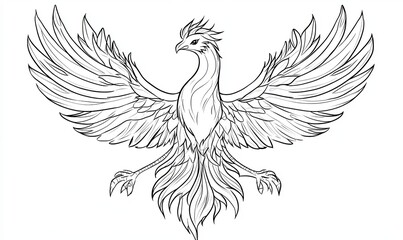 Fototapeta premium Line art illustration of a phoenix with its wings spread wide.
