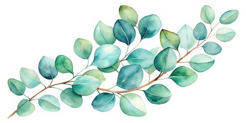 Obraz premium Delicate watercolor depiction of eucalyptus leaves in soft greens and blues on a crisp white background, perfect for botanical illustrations and nature-inspired designs.