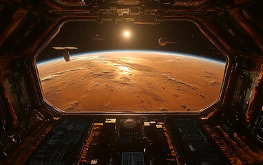 A view from the window of a space station in orbit around Mars. Behind the glass is the planet with its deserted surface and several orbiting satellites 