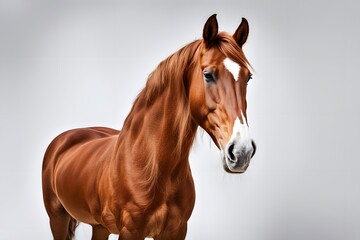 Obraz premium A majestic chestnut horse with a white blaze on its face standing on a white background, Ai Generated