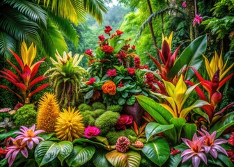 Fototapeta premium Lush green jungle foliage surrounds a vibrant floral arrangement of exotic tropical flowers and plants, nestled among the natural beauty of the rainforest ecosystem.
