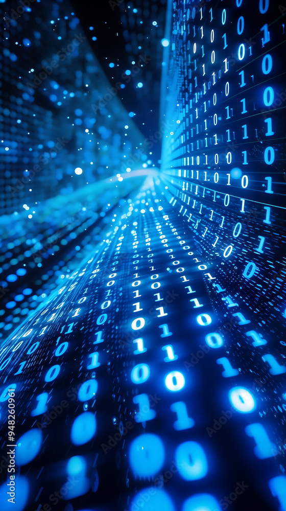 Poster abstract image of a digital tunnel illuminated by blue light effects, data flow and advanced technol