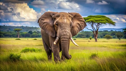 Majestic endangered African elephant roams freely in lush, protected savannah habitat, highlighting successful conservation efforts and preserving biodiversity.
