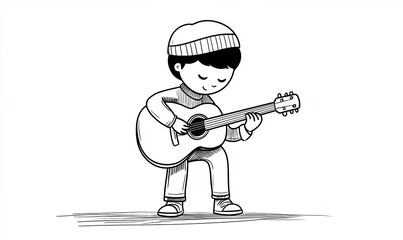 Obraz premium A simple line drawing of a young person playing a guitar.