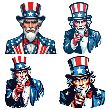 Uncle Sam illustrations with serious expression pointing finger, colorful vector art, patriotic poster