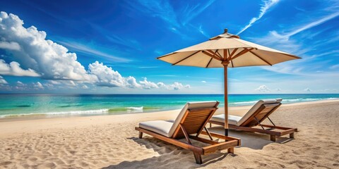 Sandy shoreline serene retreat with pair of plush lounge chairs and matching umbrellas awaits relaxation under clear blue sky and gentle ocean breeze.