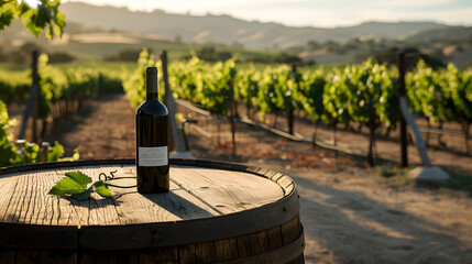 wine bottle in vineyard, landscape with sunlight poster