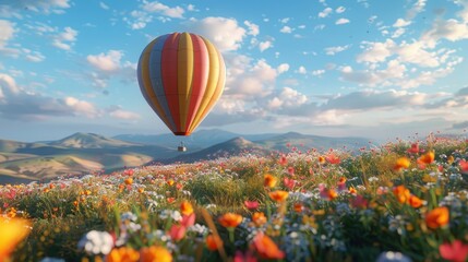 Naklejka premium Hot Air Balloon Soaring Over a Field of Flowers